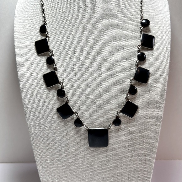 Vintage Sterling Silver 925 Black Glass Enamel Squares Link Chain